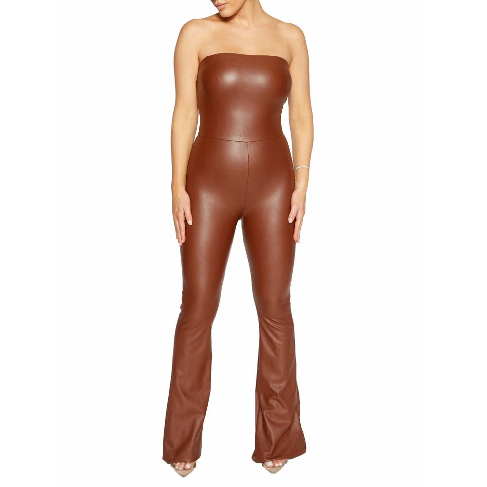 BLACK - Strapless Faux Leather Jumpsuit